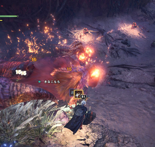 MONSTER HUNTER: WORLD テトルーがツタを引っ張るシーンのプレイ画面
