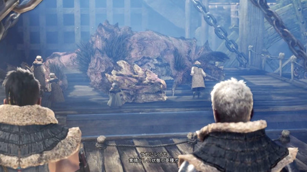 MONSTER HUNTER: WORLD 生物学者と会話するシーンのスクリーンショット