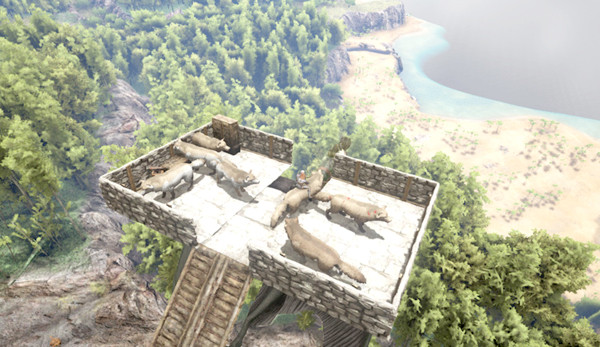 ARK 洞窟前でケツァルコアトルに恐竜を載せて輸送するゲーム画面