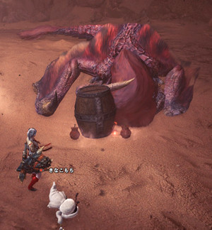 MONSTER HUNTER: WORLD オトモアイルーが主人公を見つめるゲーム画面