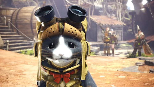 MONSTER HUNTER: WORLD 拠点でオトモアイルーが待つプレイ画面