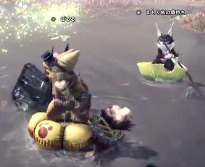 MONSTER HUNTER: WORLD 水中で浮き輪に乗るオトモのプレイ画面