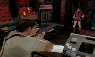 BIOHAZARD RE:2 ガンショップ前で武器を構える人物のプレイ画面