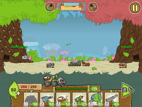 Battlepillars Gold Edition 左が自軍基地右が敵基地のゲーム画面スクリーンショット