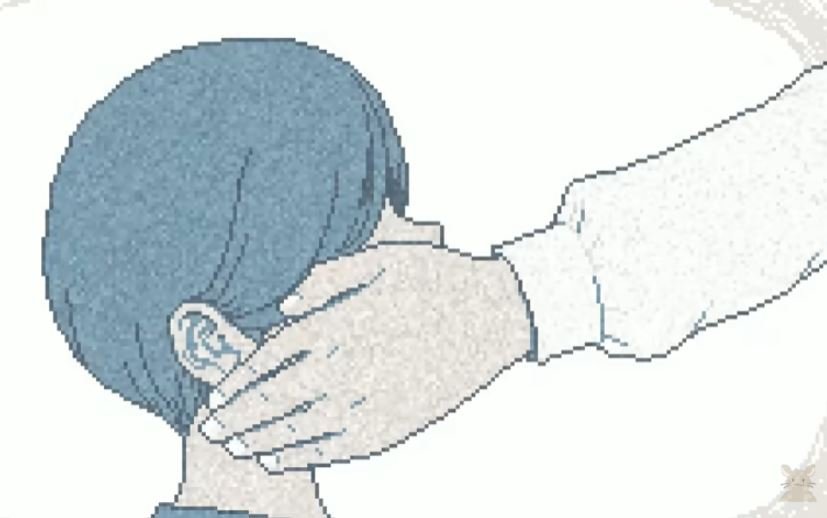 幼い歩の頬に如月努が手を添えている回想の場面